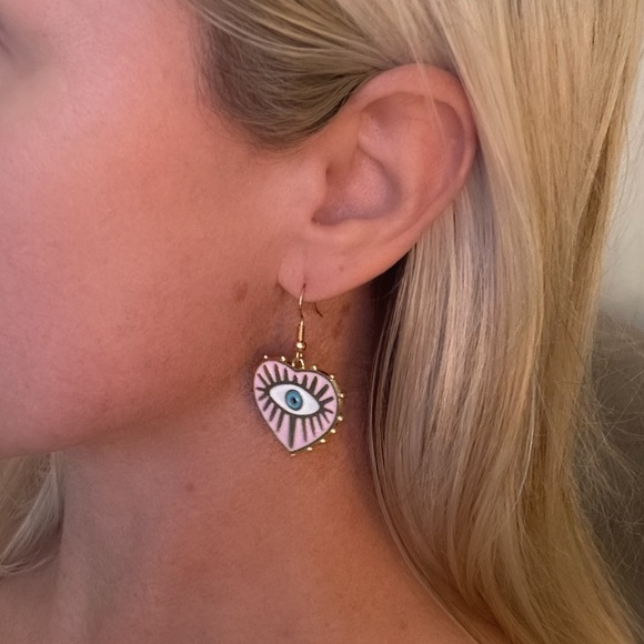 Evil Eye Drop Dangle Earrings Pink White and Gold New Lightweight - Picture 3 of 5